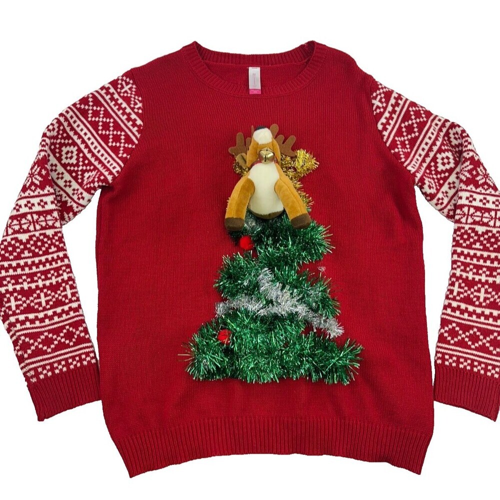 NOBO No Boundaries Christmas Sweater Deer Plush Garland Tree Red Womens XXL 19